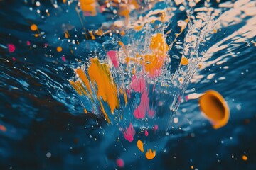 Poster - Colorful paint splashes create mesmerizing patterns as they disperse in water, 4K , Color paint drops in water , clor splash in water , drop Colorful ink in water,