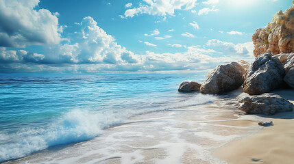 Serene coastal landscape with azure water sandy beach and rocky formations under a sunny partly cloudy sky