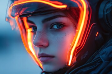 Aufkleber - Young woman wearing a futuristic helmet with glowing lights showcases striking features in a dramatic close-up
