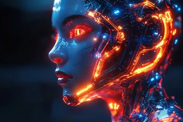 Aufkleber - Futuristic robot with glowing design and intricate details in a dark environment during nighttime