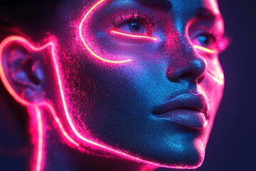 Leinwandbilder - Dramatic close-up of a woman with neon face art illuminated by vibrant lights in a dark setting