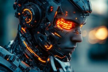 Poster - Futuristic robotic figure with glowing features in a high-tech urban environment at dusk