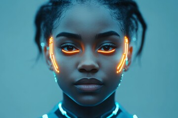 Poster - Innovative portrait of a girl with glowing facial markings in futuristic attire against a soft focus background