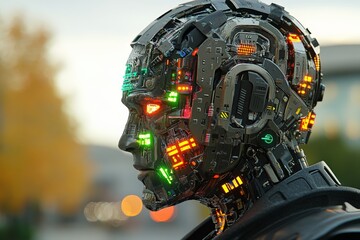 Fototapete - Futuristic robotic head with illuminated features displayed outdoors during twilight