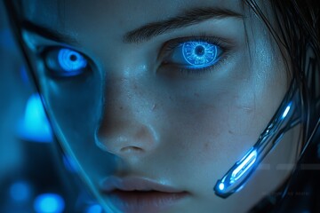 Poster - Close-up view of a futuristic woman with glowing blue eyes and cybernetic enhancements in a tech-inspired environment