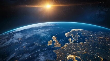 Wall Mural - sunrise over europe from space. planet earth with city lights and glowing sun on horizon. aerial vie