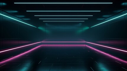 Poster - Futuristic Corridor Illuminated by Neon Lights in Vibrant Colors, Creating a Dynamic Atmosphere for Creative Events or Artistic Displays