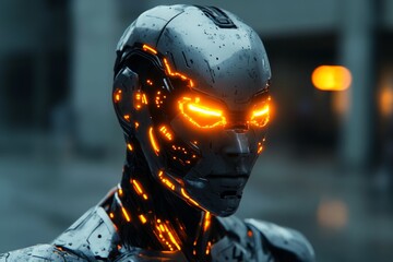 Poster - Futuristic robot with glowing eyes stands in urban setting during twilight
