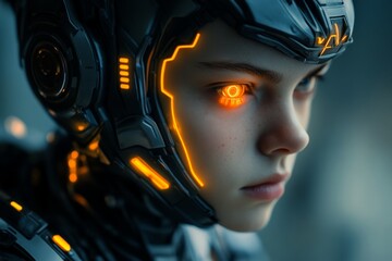 Poster - Futuristic cyborg with glowing eye and intricate technological details in a cyberpunk setting
