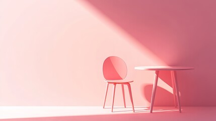 Poster - Bright Pink Room Featuring a Round Table and Minimalist Chair Illuminated by Soft Natural Light During Daylight Hours