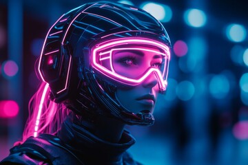 Poster - Futuristic athlete in neon-lit city wearing advanced helmet with visor during nighttime sports event