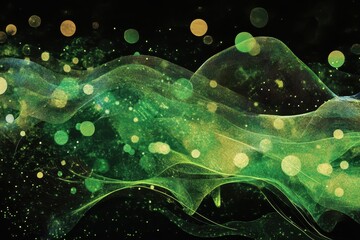Poster - Light shapes dance over vibrant green spots in an abstract composition, light shapes moving over green spots