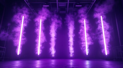 Poster - Bright Purple Smoke and Neon Lights Create an Immersive Atmosphere in a Dark Venue During an Electrifying Performance Event