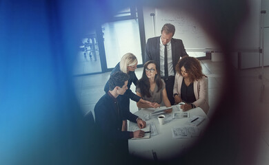 Poster - Collaboration, tablet and business people with documents for planning, analysis or online research. Office, teamwork and above with tech, paperwork and report for meeting and project management