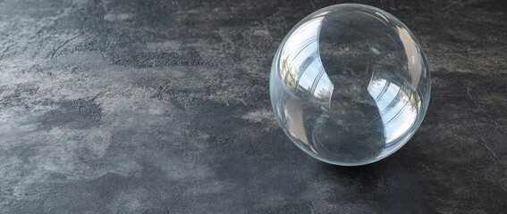 Fototapete - Clear glass orb resting on a textured surface with reflections and shadows in a dimly lit space