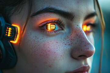 Poster - Mysterious girl with glowing eyes and futuristic headset in urban setting during twilight