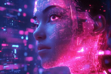 Aufkleber - Futuristic digital portrait of a woman with vibrant glowing patterns and technology elements at night