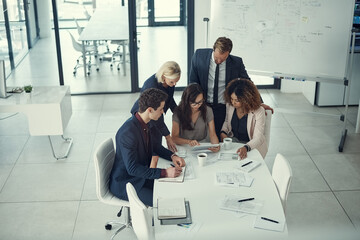 Poster - Tablet, financial and planning with business people in meeting for funding, investment report and project. ROI assets, revenue statement and documents with above of employees for market research