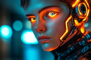 Aufkleber - Cyborg character with glowing eyes and futuristic elements in a high-tech environment at night