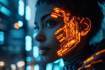 Poster - Futuristic portrait of a woman with glowing circuitry on her face in a neon-lit urban setting