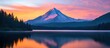© Studio - Majestic snow-capped mountain reflecting in calm lake at sunrise with vibrant pink and purple sky and lush green forest in foreground.