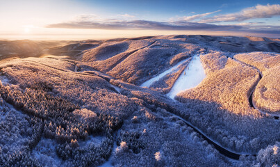 Wall Mural - Fantastic sunrise in the mountains. Fresh snow covered slopes and fir trees in Carpathian mountains, Slovakia, Europe. Ski tour on untouched snowy hills. Beauty of nature concept background