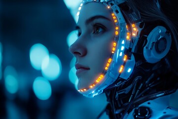 Leinwandbilder - Futuristic woman with glowing technology on her face in a vibrant sci-fi setting