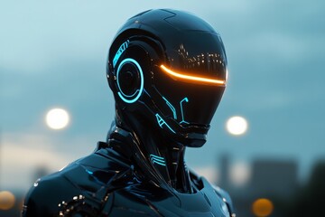 Poster - Futuristic robot stands under city lights during twilight, showcasing advanced design and technology