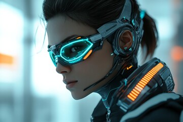 Aufkleber - Futuristic woman with advanced eyewear in a high-tech environment during twilight