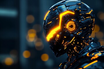 Aufkleber - Futuristic robotic figure with glowing orange details set against a dark, abstract background