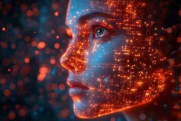 Aufkleber - Human face illuminated by abstract lights in a digital setting, exploring technology and artificial intelligence concepts
