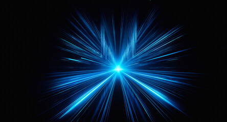 Poster - vibrant blue light beams burst outwards from a central point on a dark backdrop. dynamic and energet