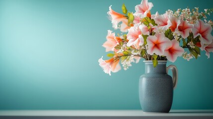 Sticker - Blue vase with pink flowers sits on a table. The vase is filled with pink flowers and has a blue base. The flowers are arranged in a way that makes the vase look full and beautiful