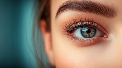 Wall Mural - Woman with long brown hair and brown eyes. The eyes are a bright blue color. The woman's face is clean and well-groomed