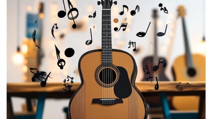 Poster - Guitar with a bunch of musical notes surrounding it. The guitar is the main focus of the image, and the notes are scattered around it, creating a sense of movement and energy