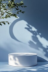 Poster - Circular White Pedestal Casting Shadows on a Blue Wall With Green Foliage in a Serene and Minimalist Interior Setting