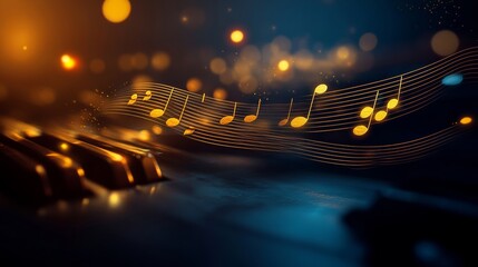 Poster - keyboard with a musical note on it. the note is surrounded by other musical notes. the image has a d