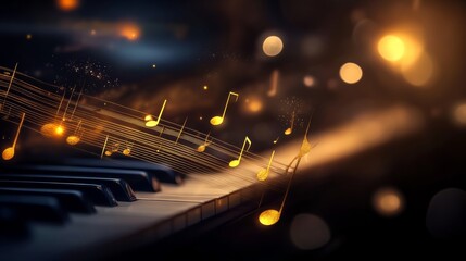 Poster - Keyboard with notes on it and a blurry background. The notes are scattered all over the keyboard, creating a sense of chaos and disarray. The blurry background adds to the feeling of movement