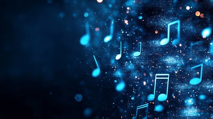 Poster - blue background with many musical notes scattered throughout. the notes are in different sizes and c