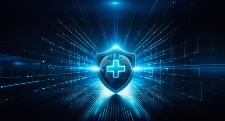 Poster - glowing blue shield with plus sign on dark backdrop. digital health or security concept with light r