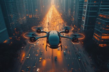 Poster - Drone soaring over bustling city streets at twilight showcasing urban life and traffic dynamics