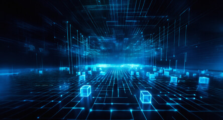 Poster - futuristic abstract scene with glowing blue cubes and lines on a dark grid backdrop. digital technol