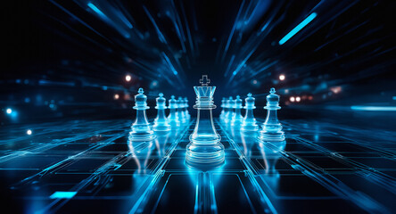 Poster - Futuristic blue chess pieces are aligned on a glowing grid. The king stands prominently in the center, surrounded by other pieces, conveying strategy and digital concept.