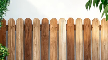 Poster - Wooden fence with brown and white boards. The fence is in front of a white wall. The fence is made of wood and has a natural look