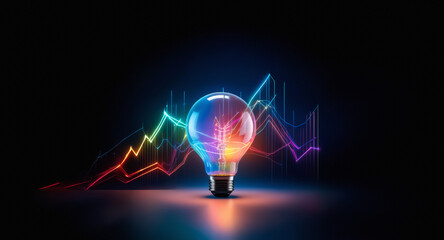 Poster - Illuminated light bulb with vibrant, energy lines against a dark backdrop. Concept of bright idea, innovation, and creative solutions.  Symbolic of progress and futuristic technology.