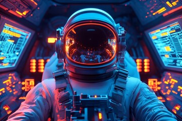 Poster - Brightly lit control room with an astronaut preparing for a space mission from inside a spacecraft