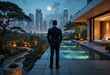 © AdityaGM - Businessman Contemplating Cityscape on Luxurious Rooftop Terrace. Generative Ai