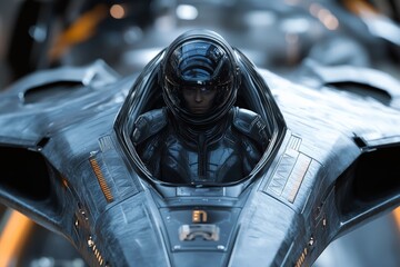 Poster - Futuristic pilot preparing for takeoff in a sleek, advanced spacecraft in a high-tech environment