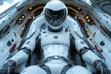 Poster - Futuristic astronaut in a high-tech pod preparing for space exploration in a sci-fi setting