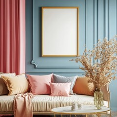 Poster - Vibrant Light and Shadows Cast on a Blank Frame in a Serene Room With Colorful Walls During Late Afternoon Sunlight